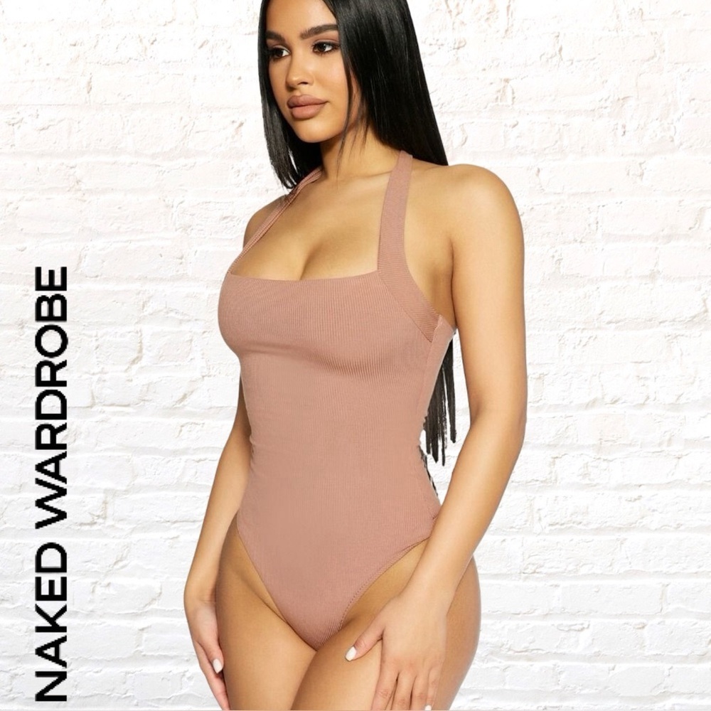 Naked Wardrobe Snatched Halter Ribbed Halter Thong Bodysuit XL Coco Brown